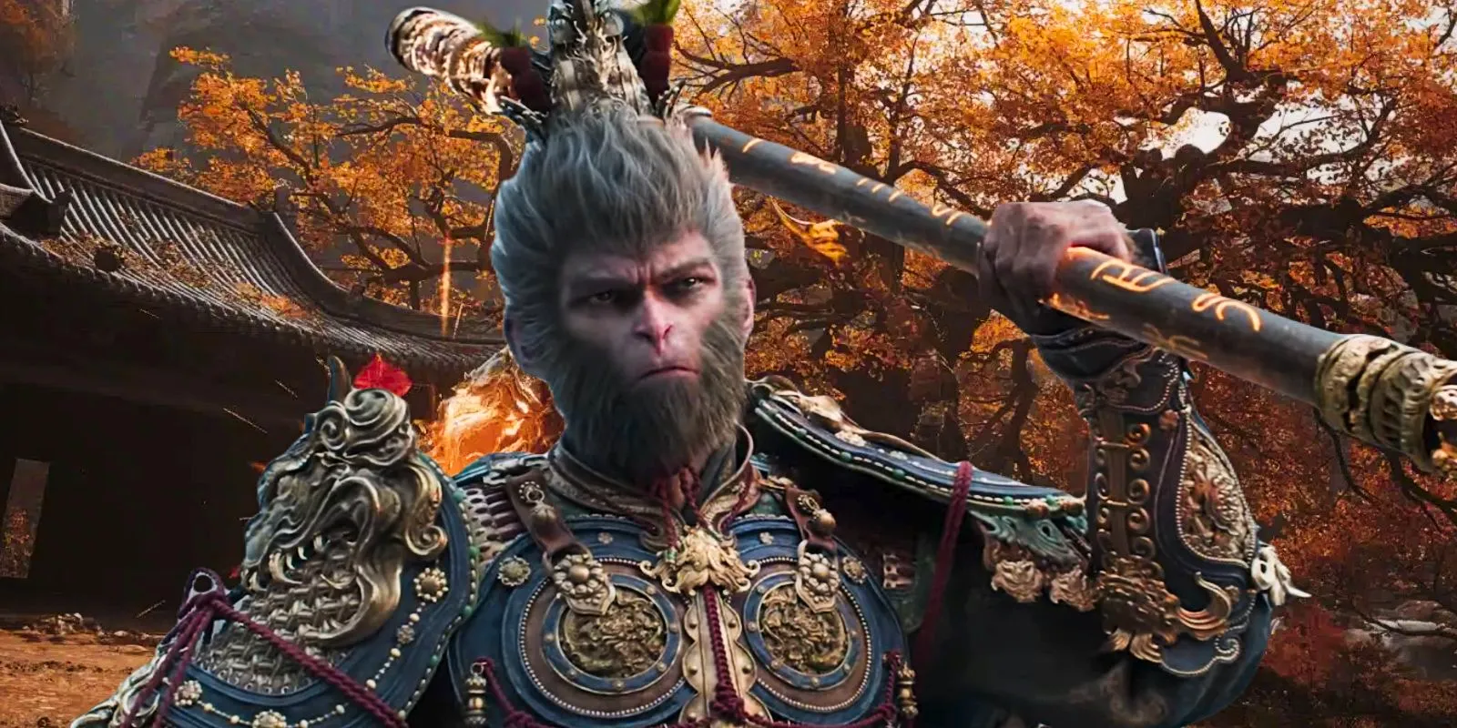 The Destined One slings his staff over his shoulder in front of a tree covered in red leaves in screenshots from Black Myth Wukong. Image