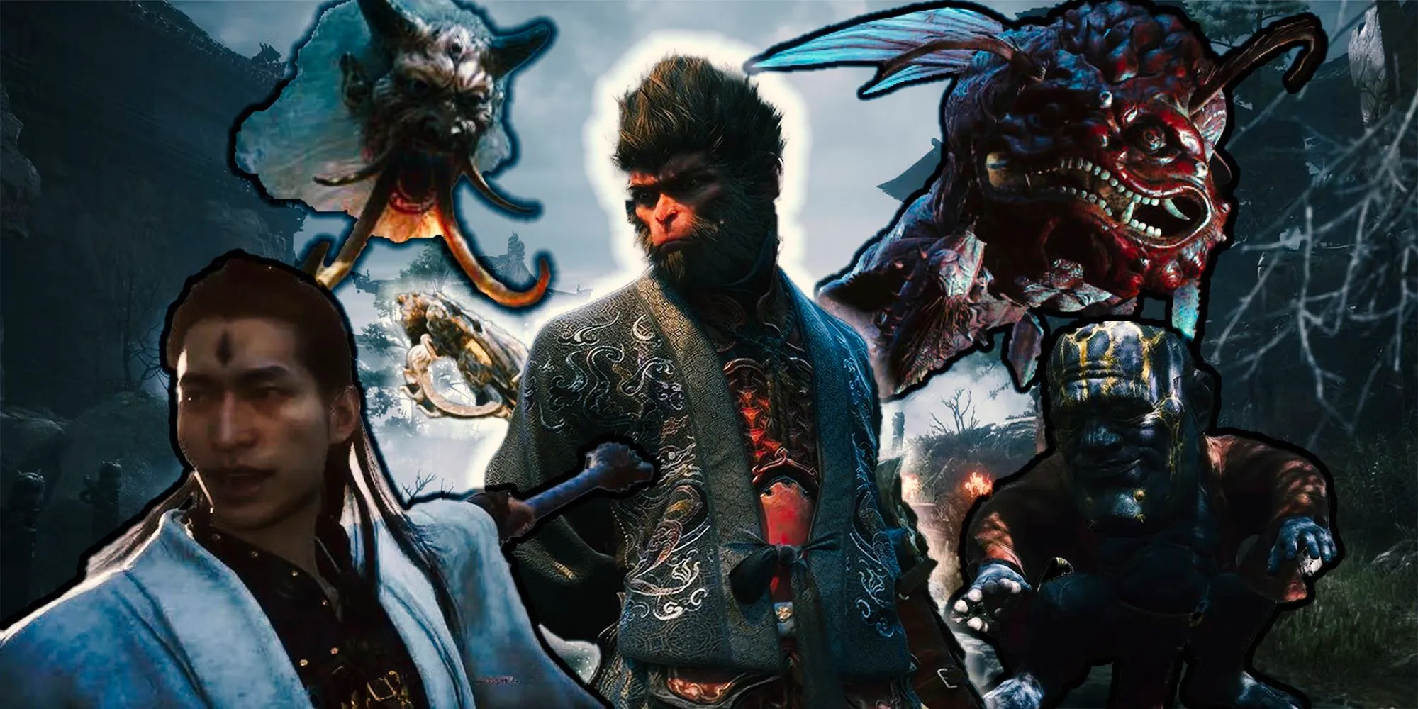 The Destined One surrounded by various bosses in Black Myth: Wukong. Image