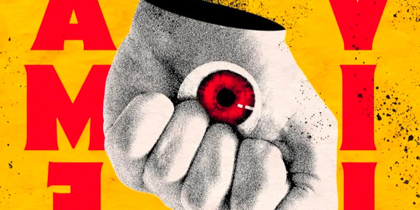 The Devil by Name Cover featuring an eyeball with a red iris in a hand against a yellow cover Image