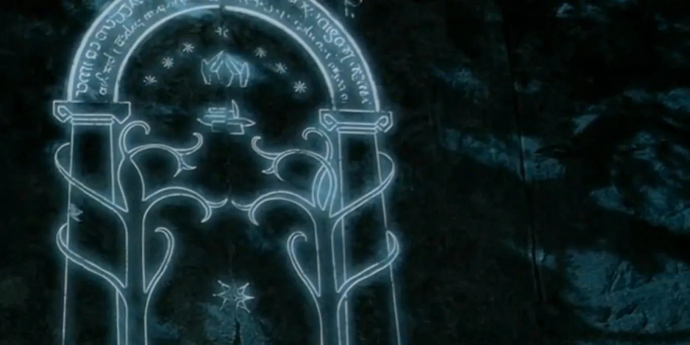 The Doors of Durin glowing in Lord of the Rings: Fellowship of the Ring. Image