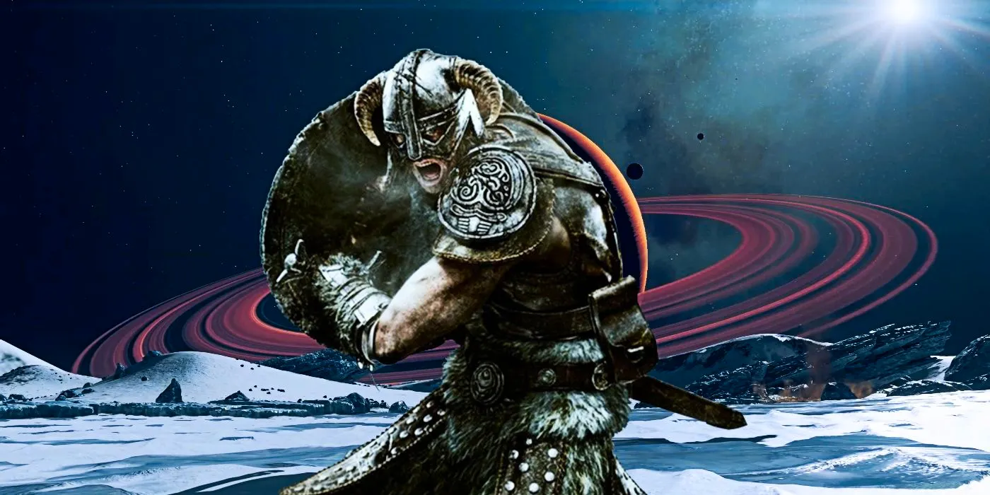 The Dragonborn in their horned helmet from Skyrim in front of a ringed planet from Starfield. Image