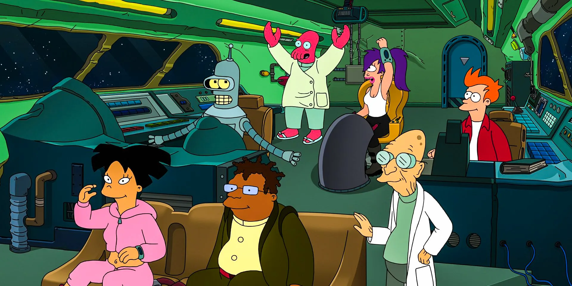 The entire crew celebrating on board the ship in Futurama Season 12 Episode 10 Image