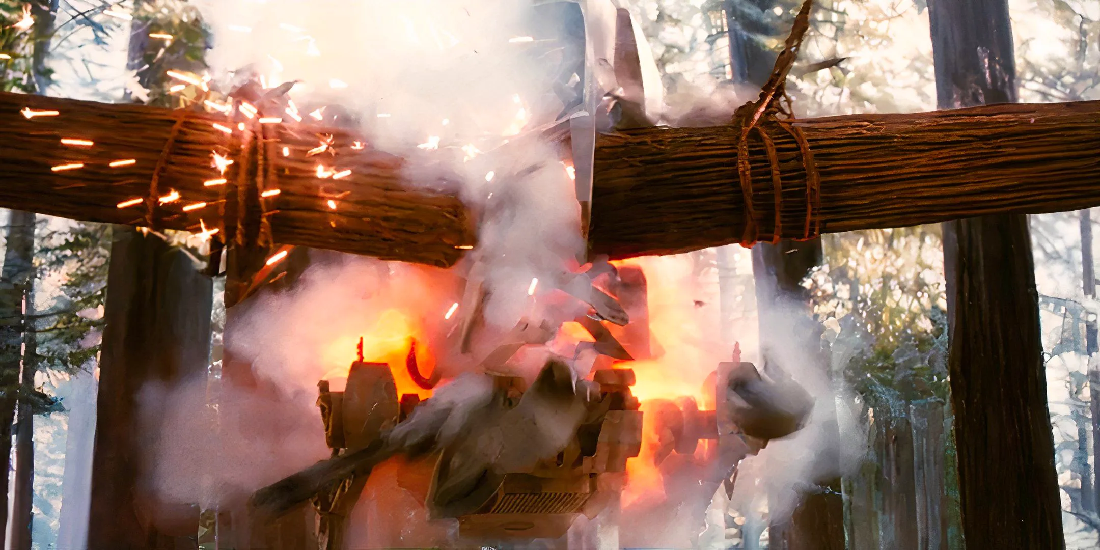 The Ewoks destroy an Imperial AT-ST with a trap made from two giant logs during the Battle of Endor in Star Wars: Episode VI - Return of the Jedi. Image