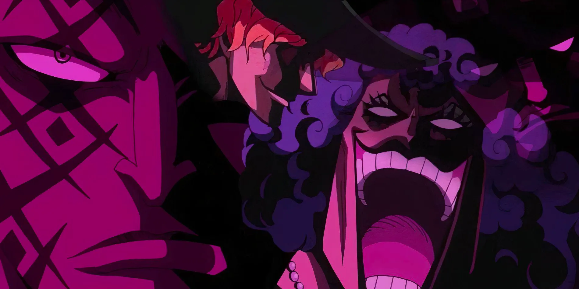 The faces of prominent One Piece Revolutionary Army figures Dragon, Sabo, and Ivankov partially covered in shadow with a faint purple light. Image