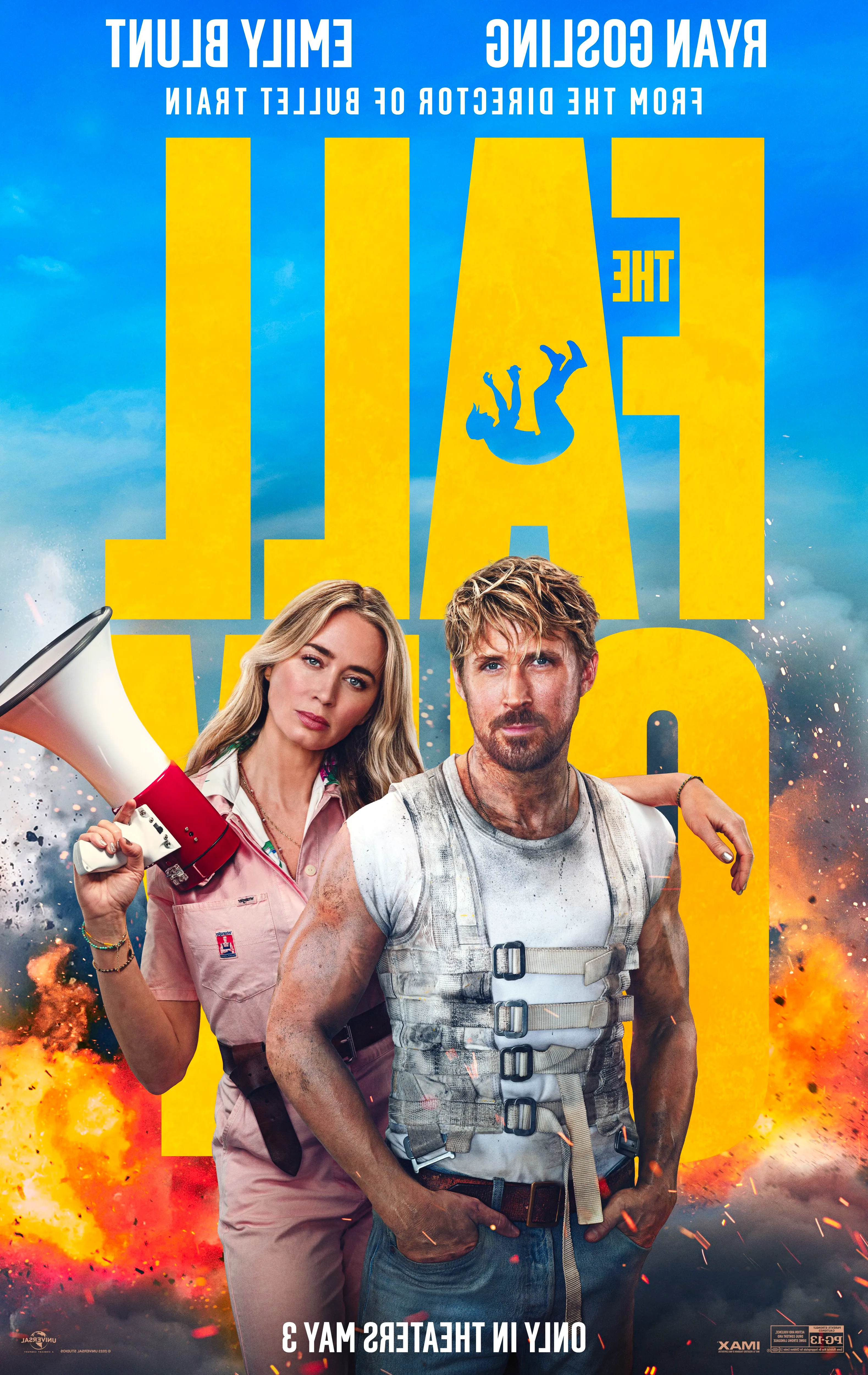 The Fall Guy Movie Poster Featuring Emily Blunt Holding a Megaphone Standing Next to Ryan Gosling in Front of an Explosion Image