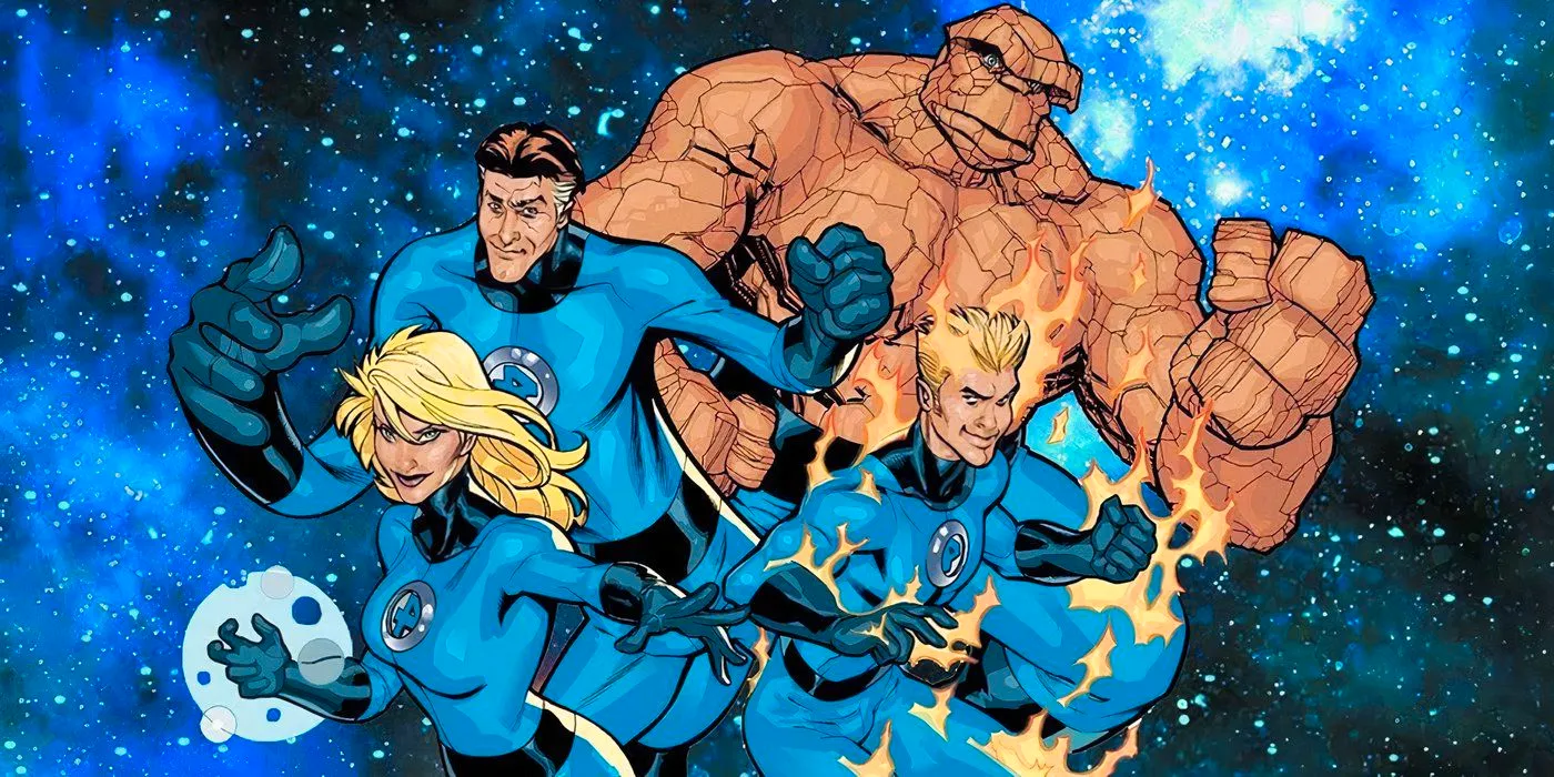 The Fantastic Four in action poses against a cosmic backdrop. Image