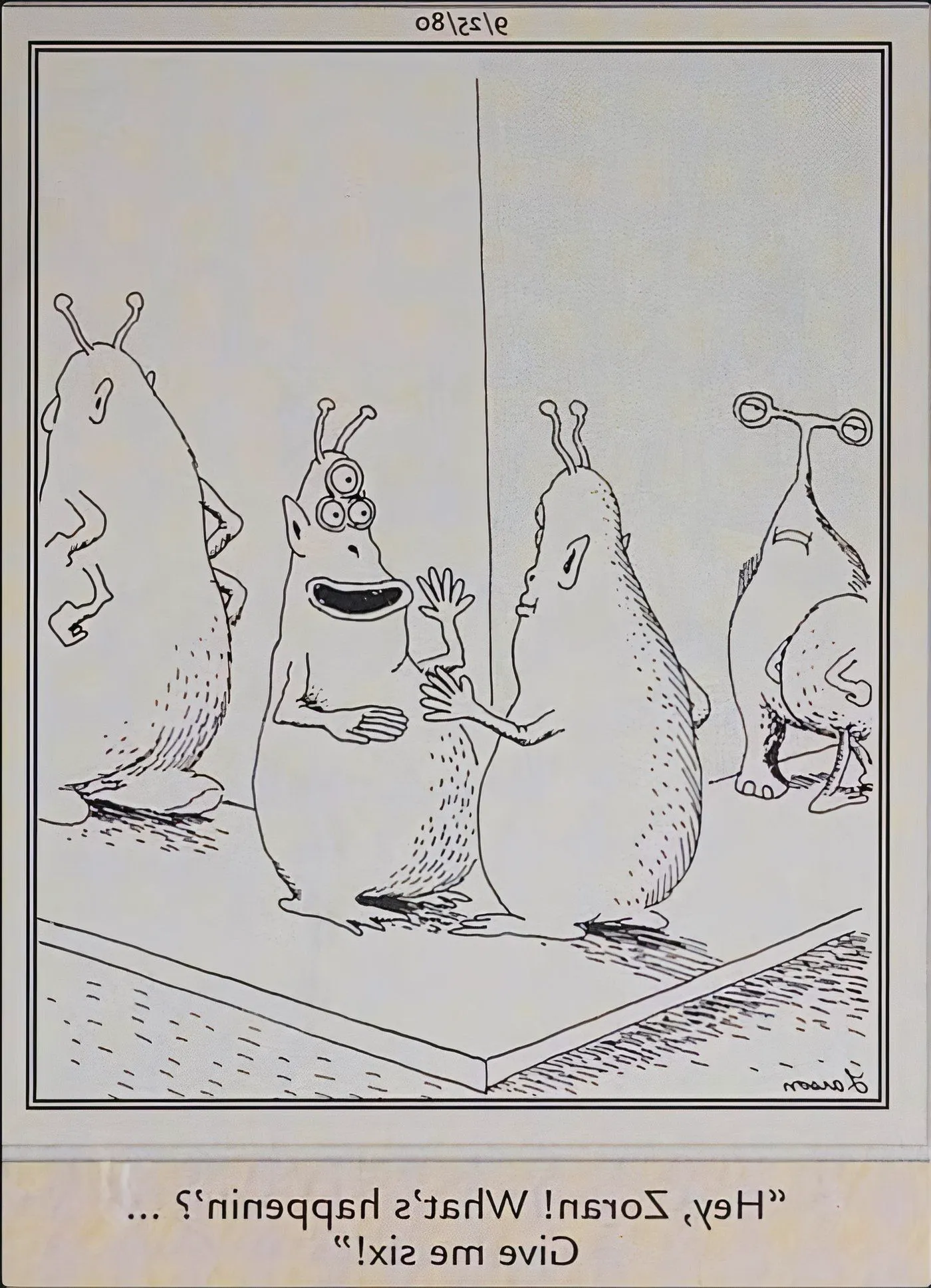 The Far Side aliens giving each other a high-five. Image