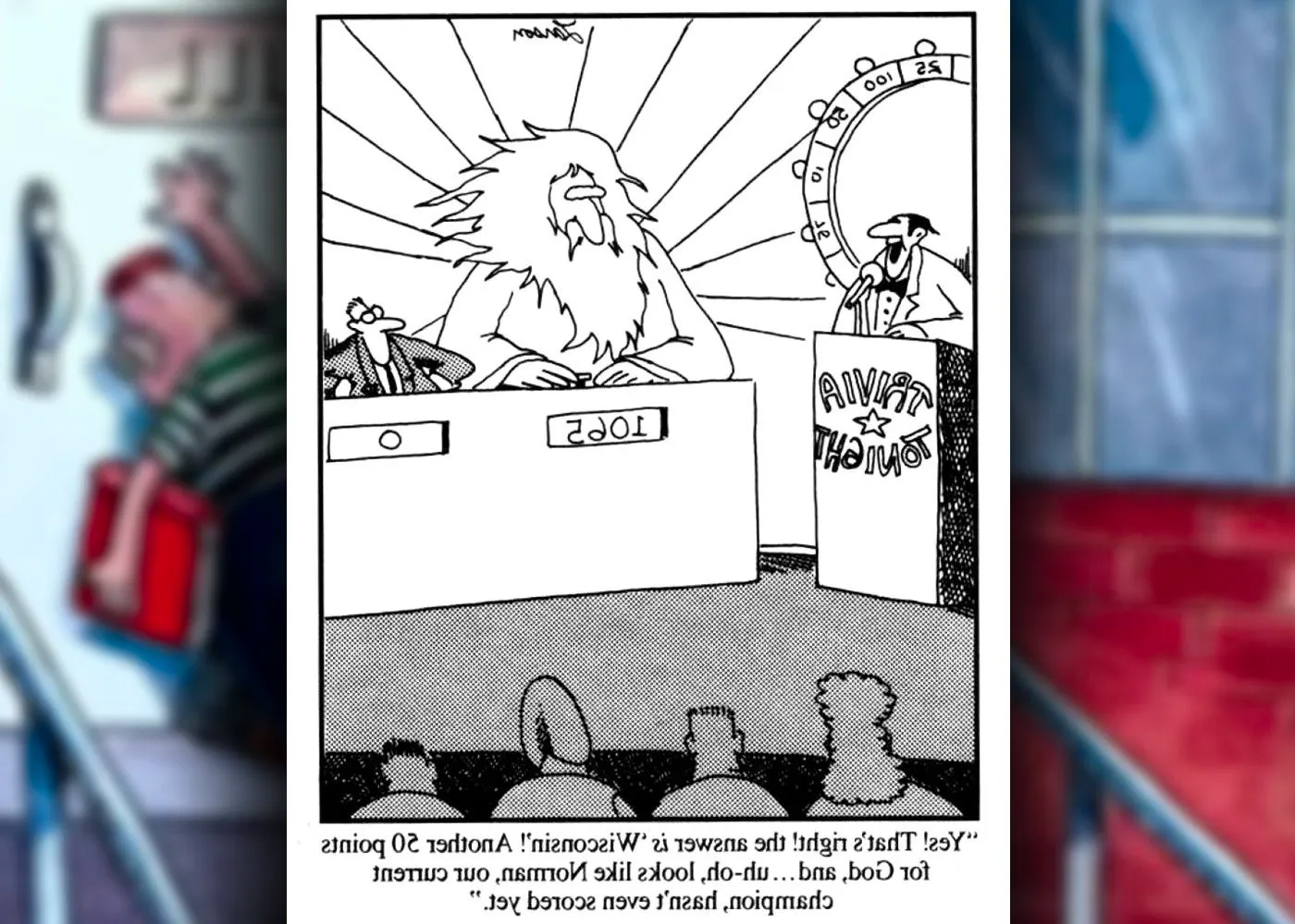 the far side god on a quiz show winning by a huge margin Image