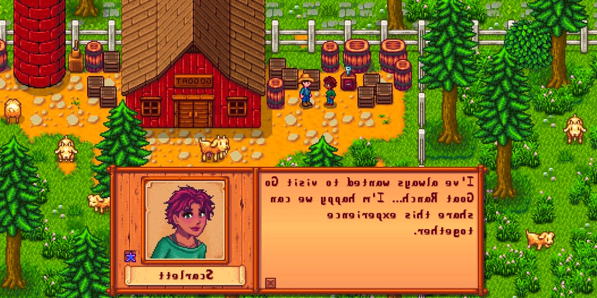 The farmer visiting Go Goat Ranch with Scarlett in the Stardew Valley Expanded mod. Image