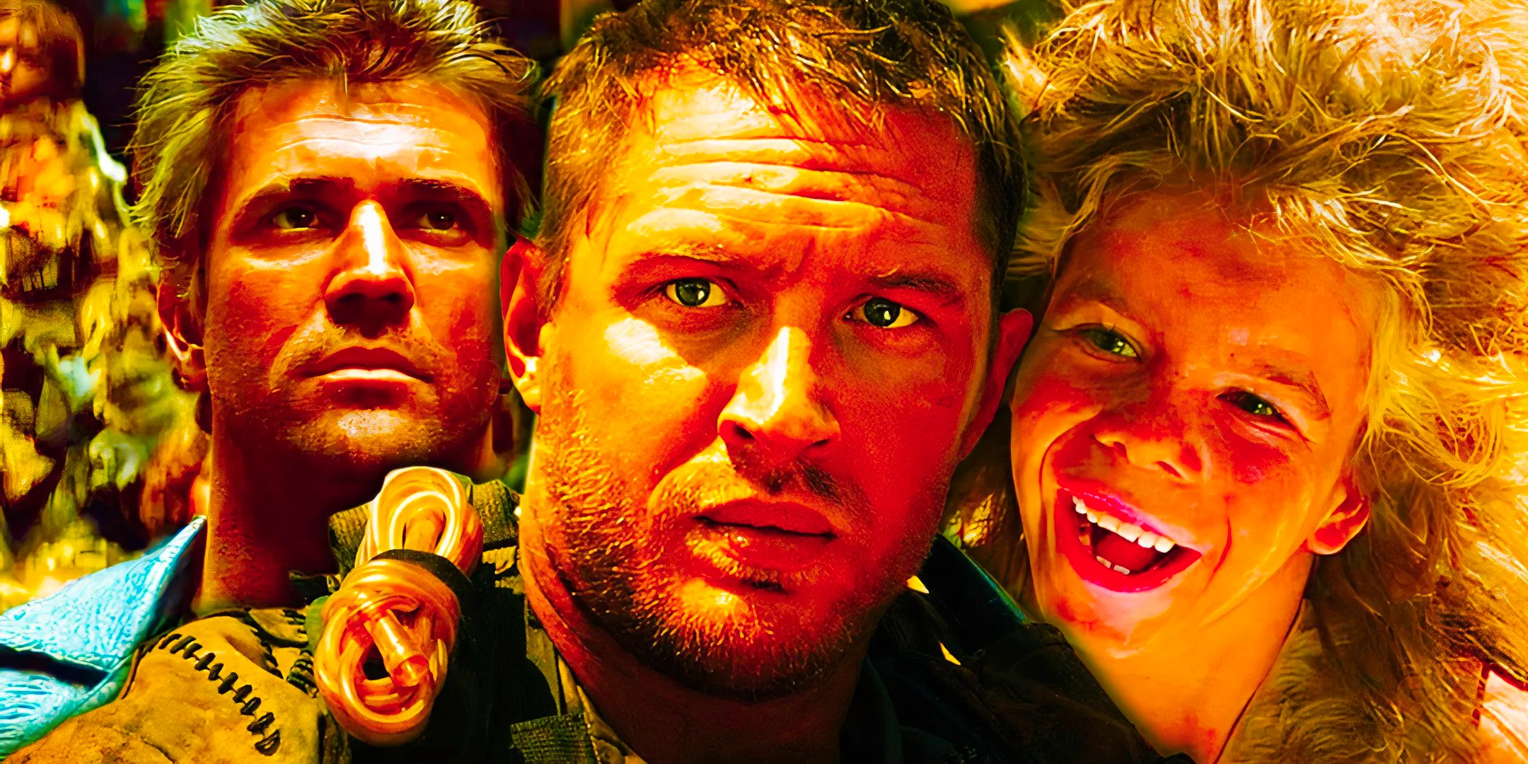 The Feral Kid (Emil Minty) in Mad Max 2: The Road Warrior, Max Rockatansky (Tom Hardy) in Mad Max: Fury Road, and Max Rockatansky (Mel Gibson) in Mad Max 2: The Road Warrior Image