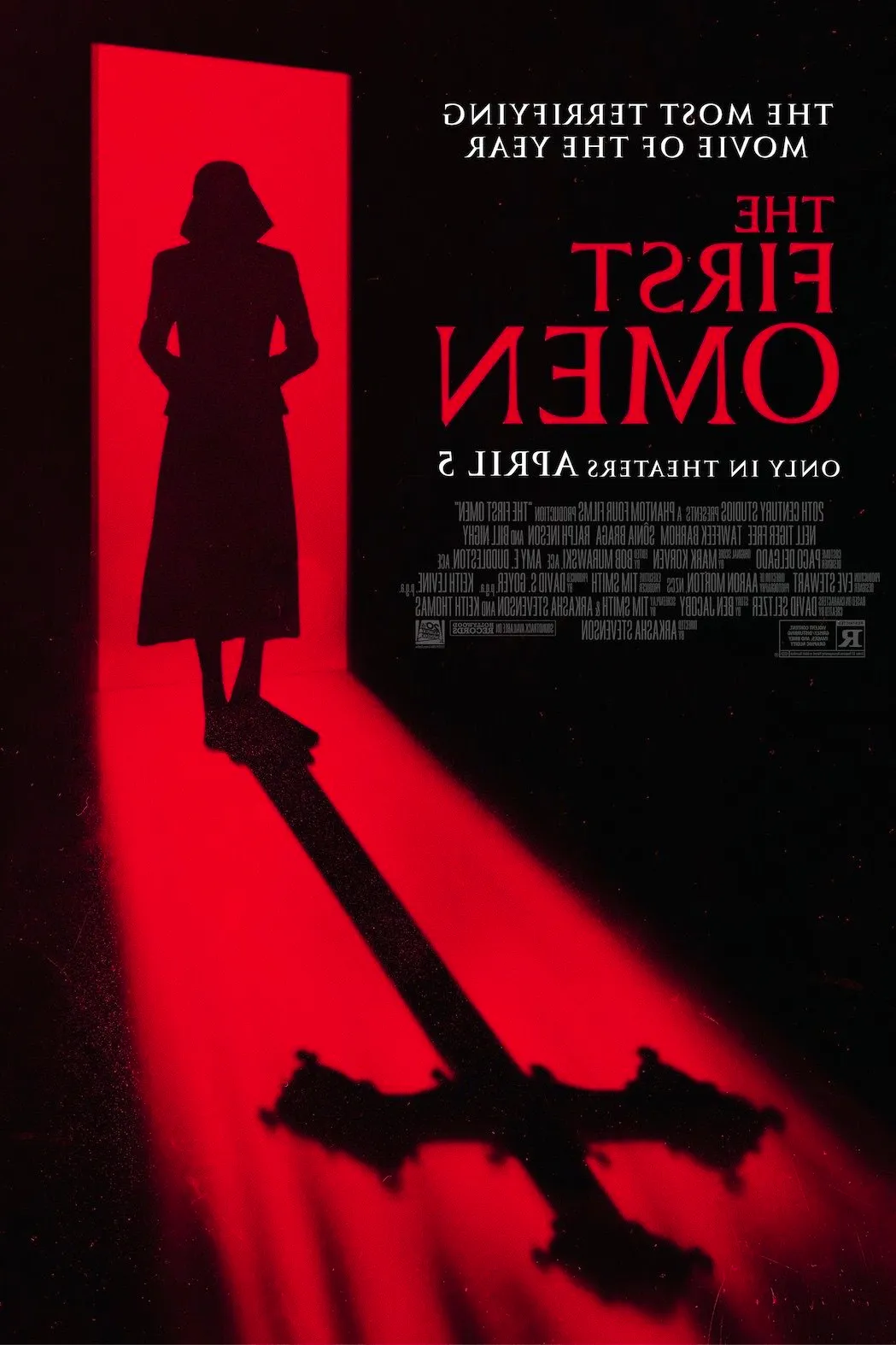 The First Omen Movie Poster Showing a Nun in a Red Doorway and a Shadow of a Cross-1 Image