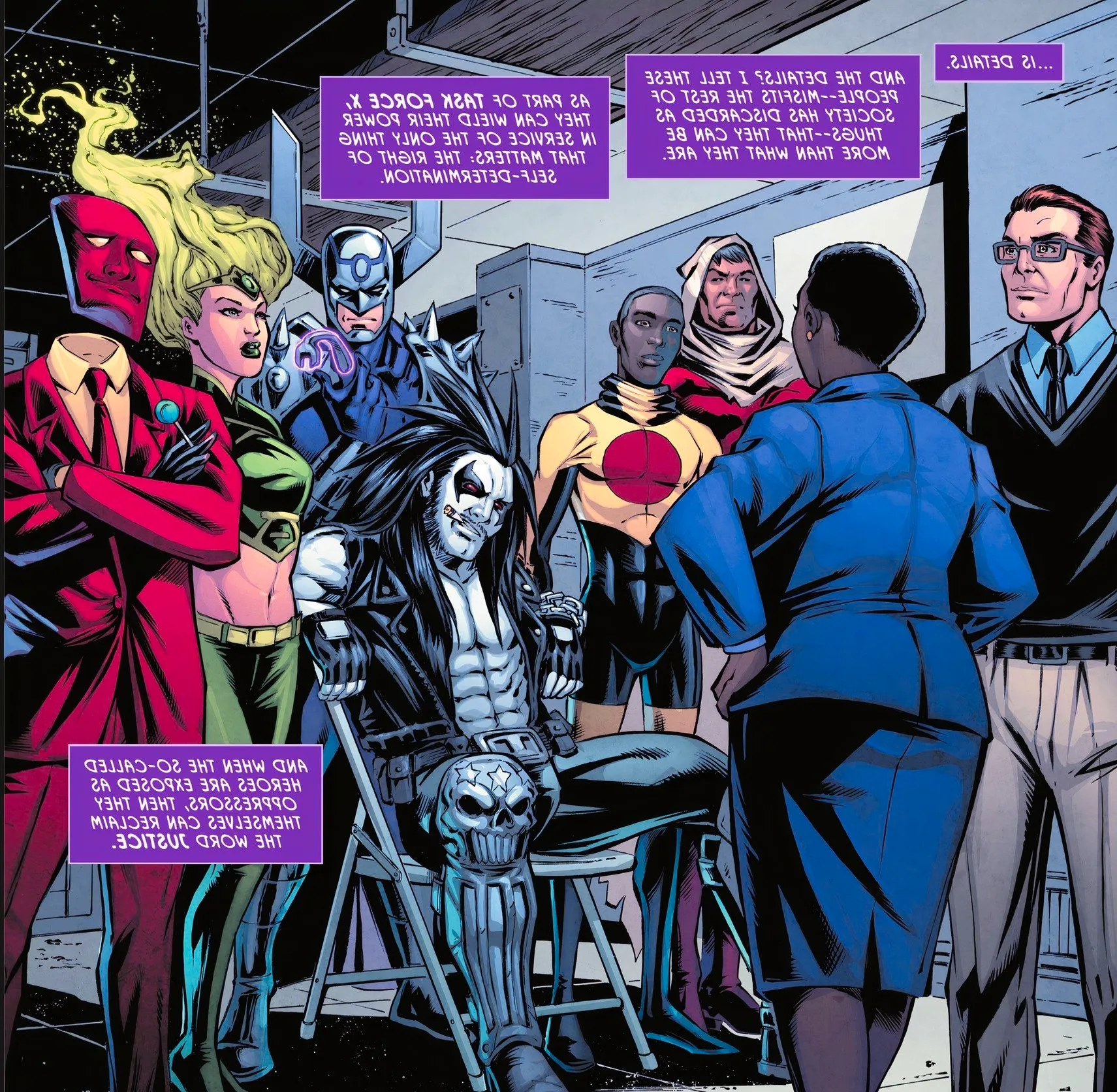 The first Task Force X receives their mission briefing from Amanda Waller. Image