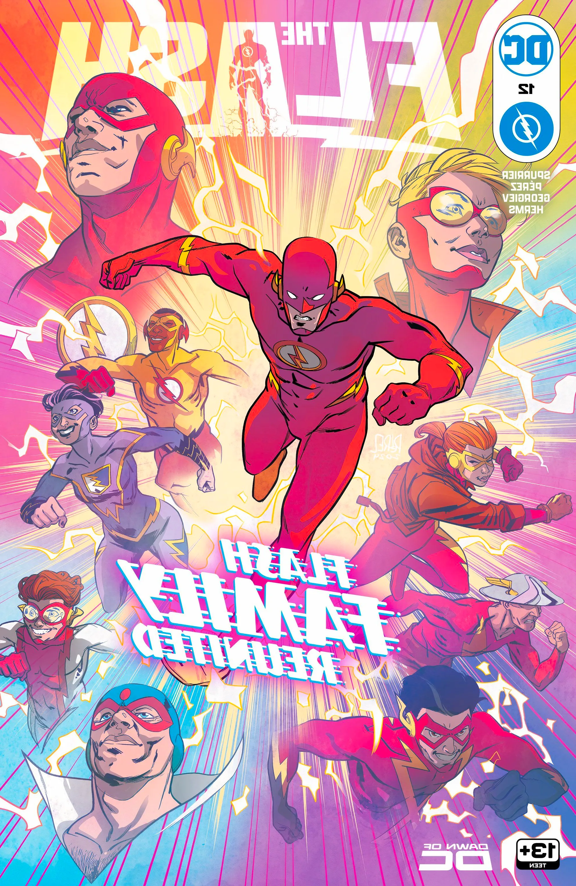 The Flash 12 Main Cover: the Flash Family runs forward through a rainbow vortex. Image