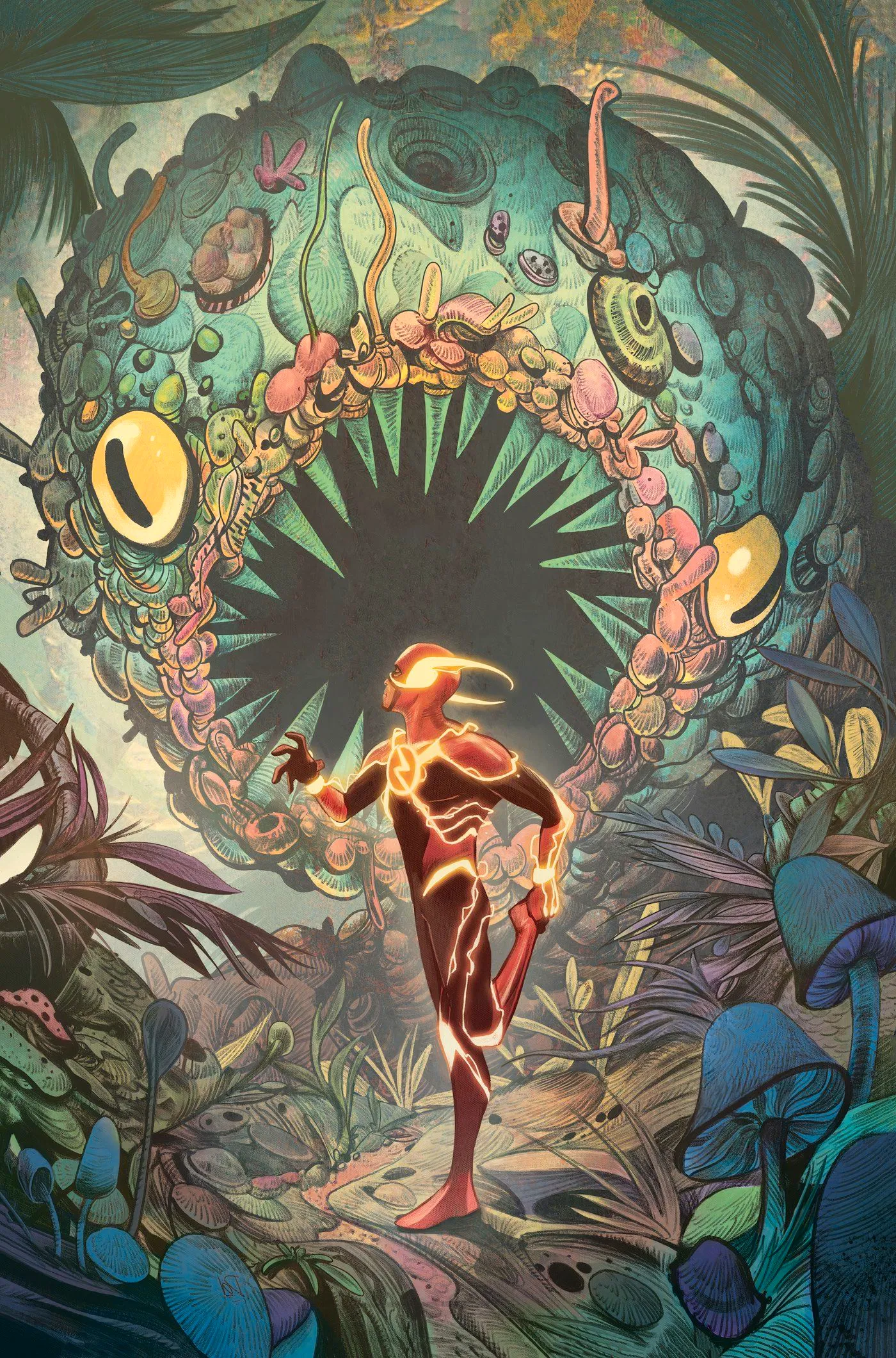 The Flash #16, Flash stretches his leg in front of a massive creature, his new costume sparking with lightning. Image