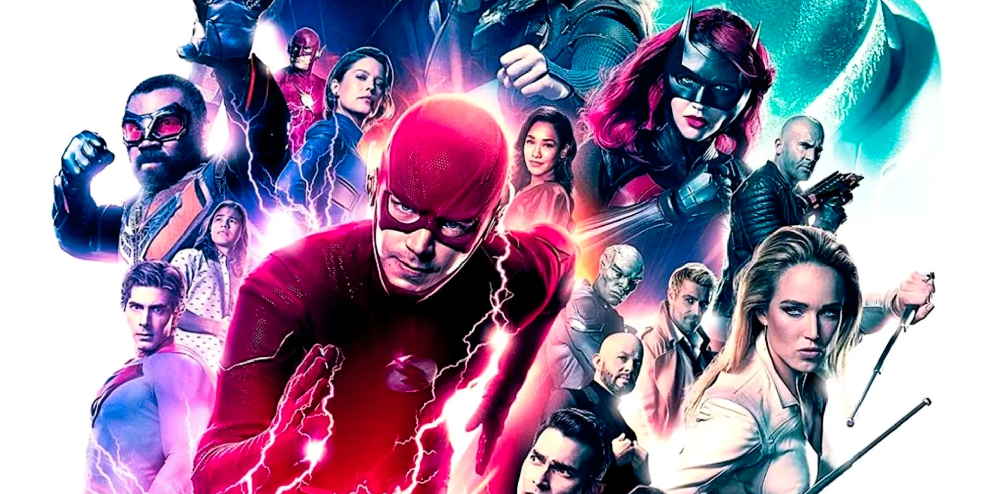 The Flash runs in front of all heroes in The CW's Arrowverse Crisis on Infinite Earths 2019 Poster Image