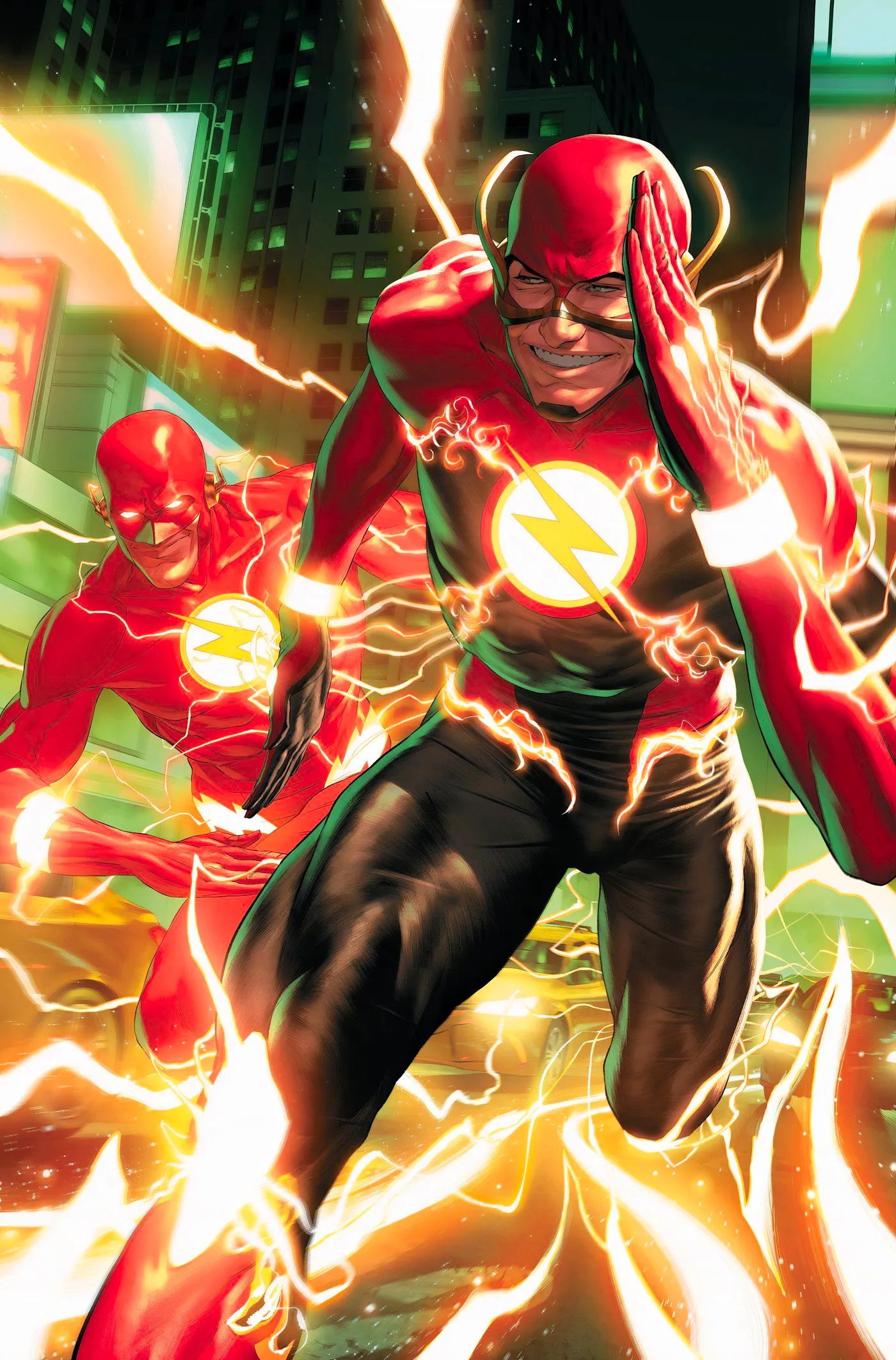 The Flash runs towards the viewer in his new costume, while another Flash in his old costume runs behind him Image