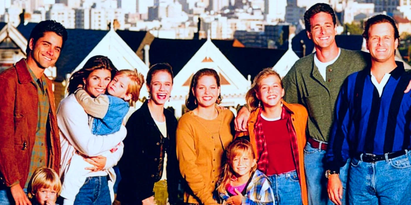 The Full House cast posing in front of the iconic San Francisco row houses Image