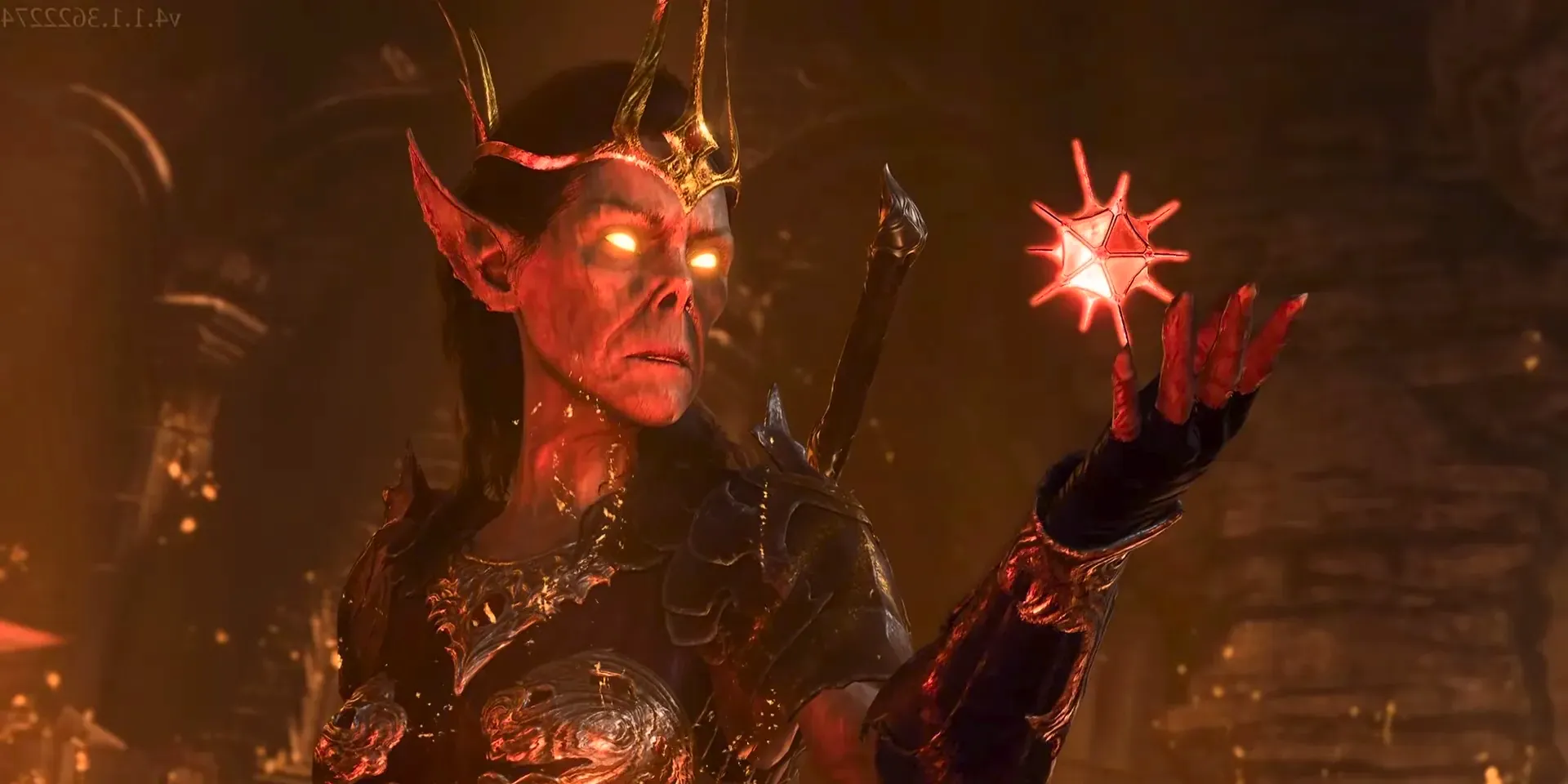 The githyanki queen Vlaakith stares at the Astral Prism with glowing red eyes in a screenshot from Baldur's Gate 3. Image