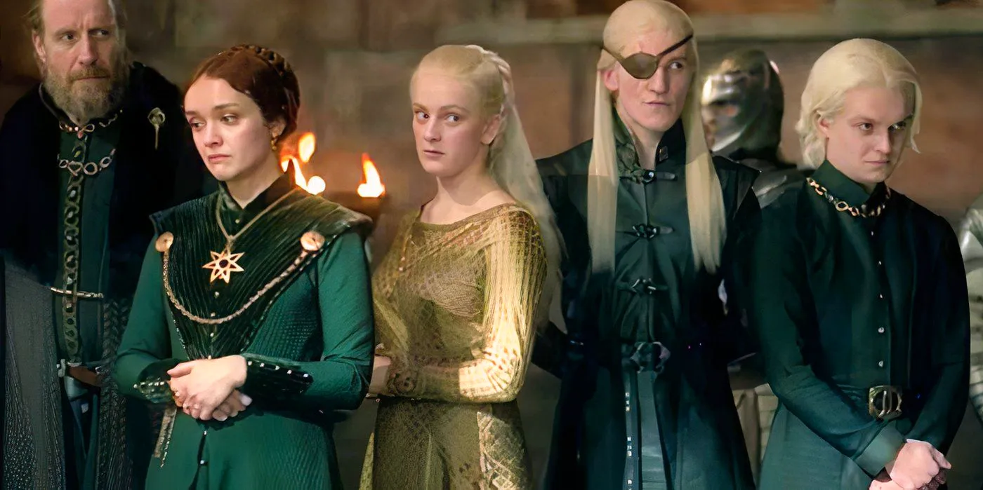 The Greens of House of the Dragon, Aegon, Aemond, Helaena, Alicent, and Otto. Image