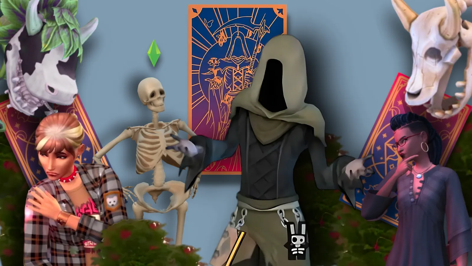 The Grim Reaper stands with two other Sims and a skeleton, confused why others are upset or baffled by him between the woohoo bushes.  Image