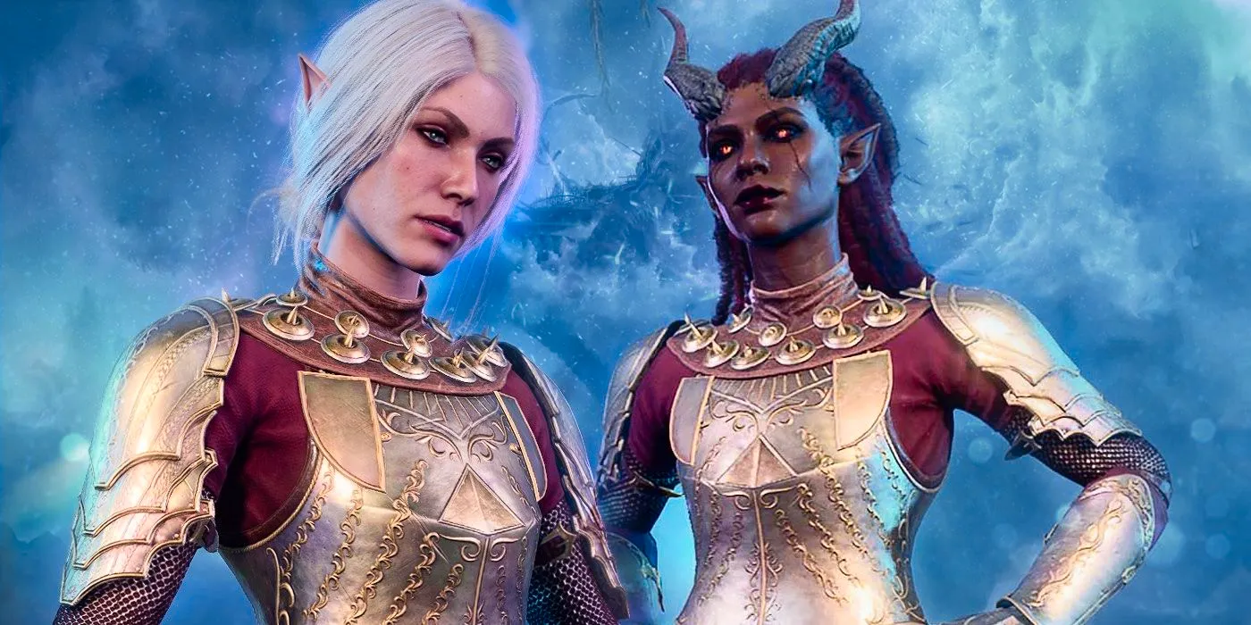 The Guardian from Baldur's Gate 3 as a tiefling on the left and elf on the right. Image