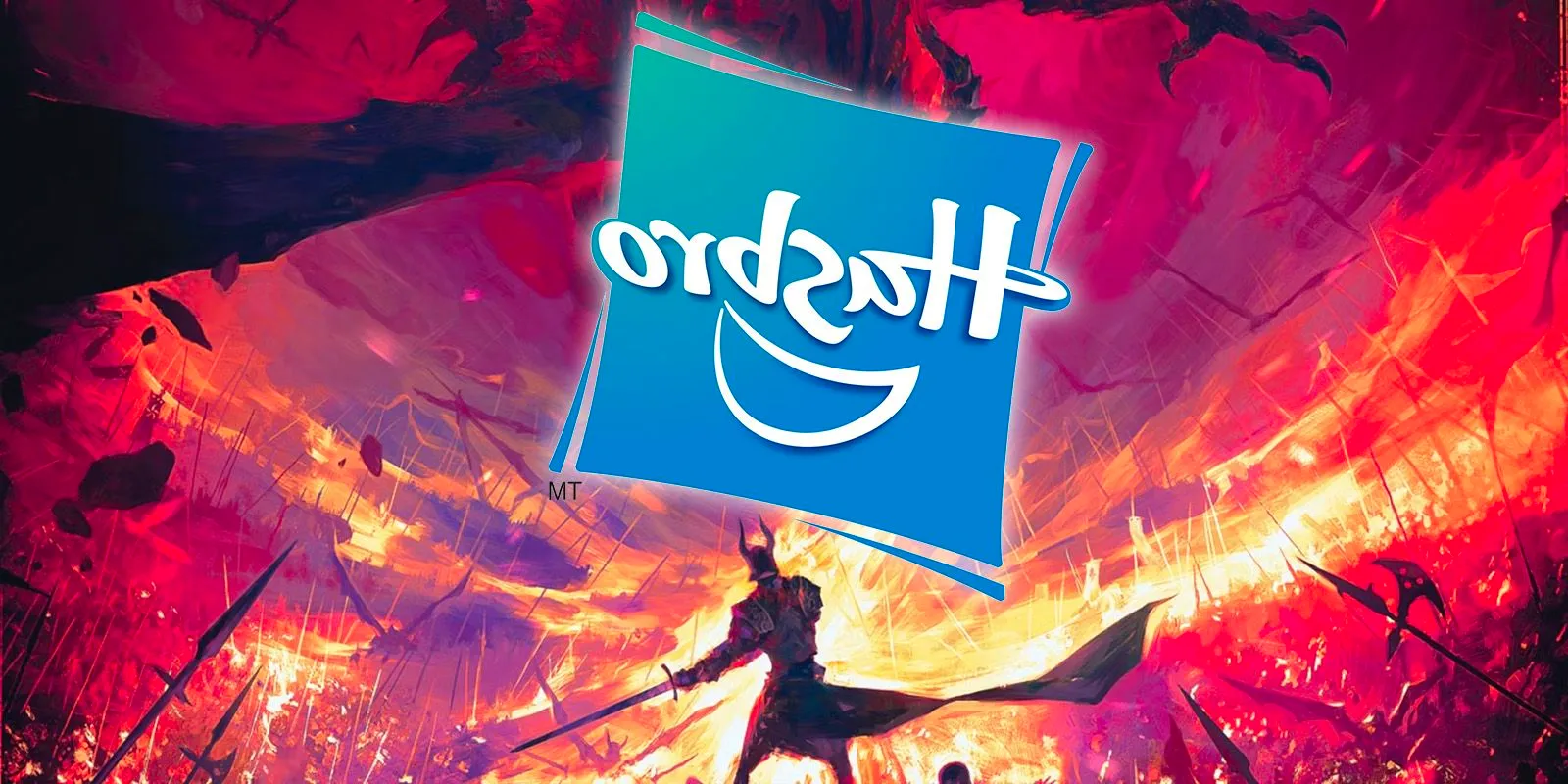 The Hasbro logo superimposed onto an image of a warrior fighting a dragon in D&D art. Image