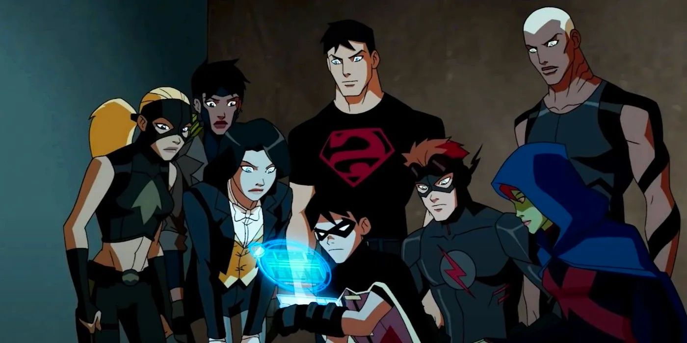 The hereos of Young Justice huddled together Image