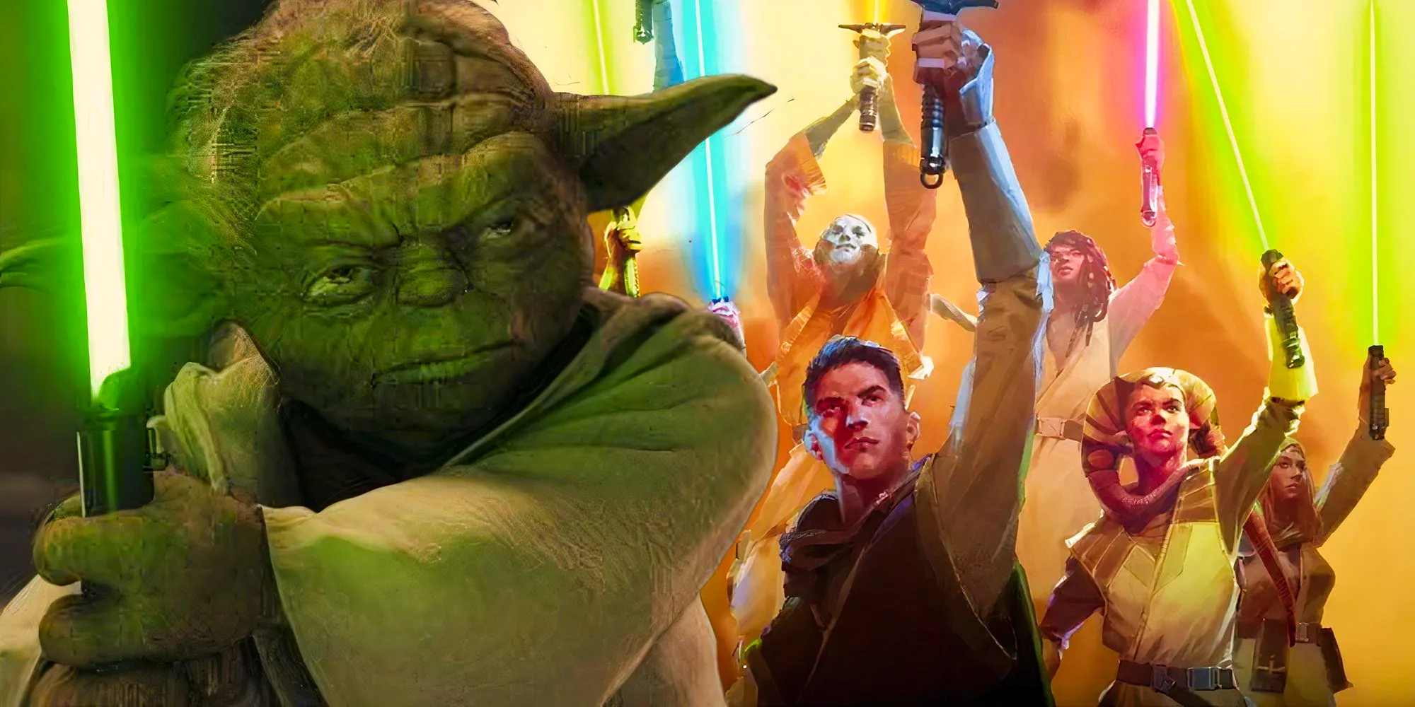 The High Republic Jedi raising their lightsabers next to Yoda holding his green lightsaber Image