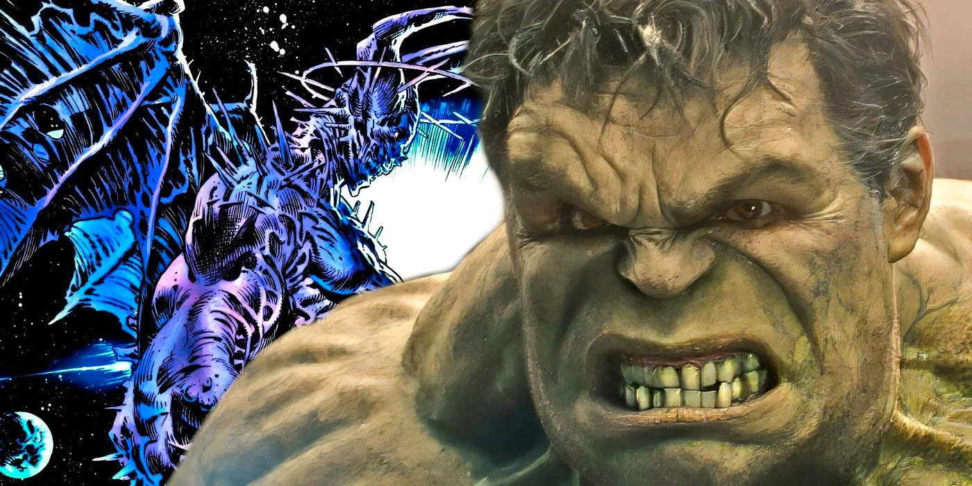 The Hulk snarling in anger with the Eldest in her true, hellish form behind him. Image