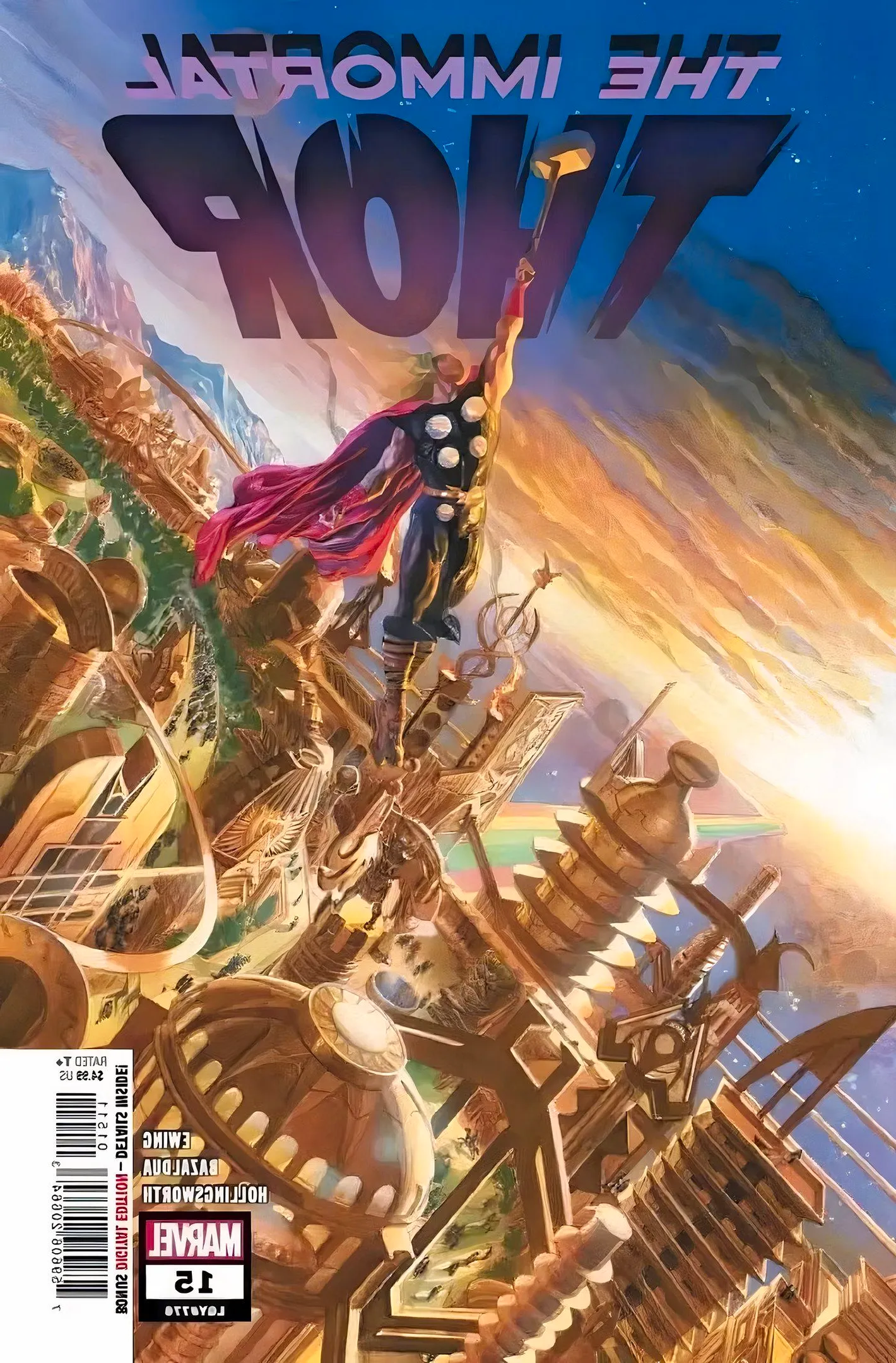 The Immortal Thor #15 cover, Thor flying high above the golden city skyline of Asgard. Image