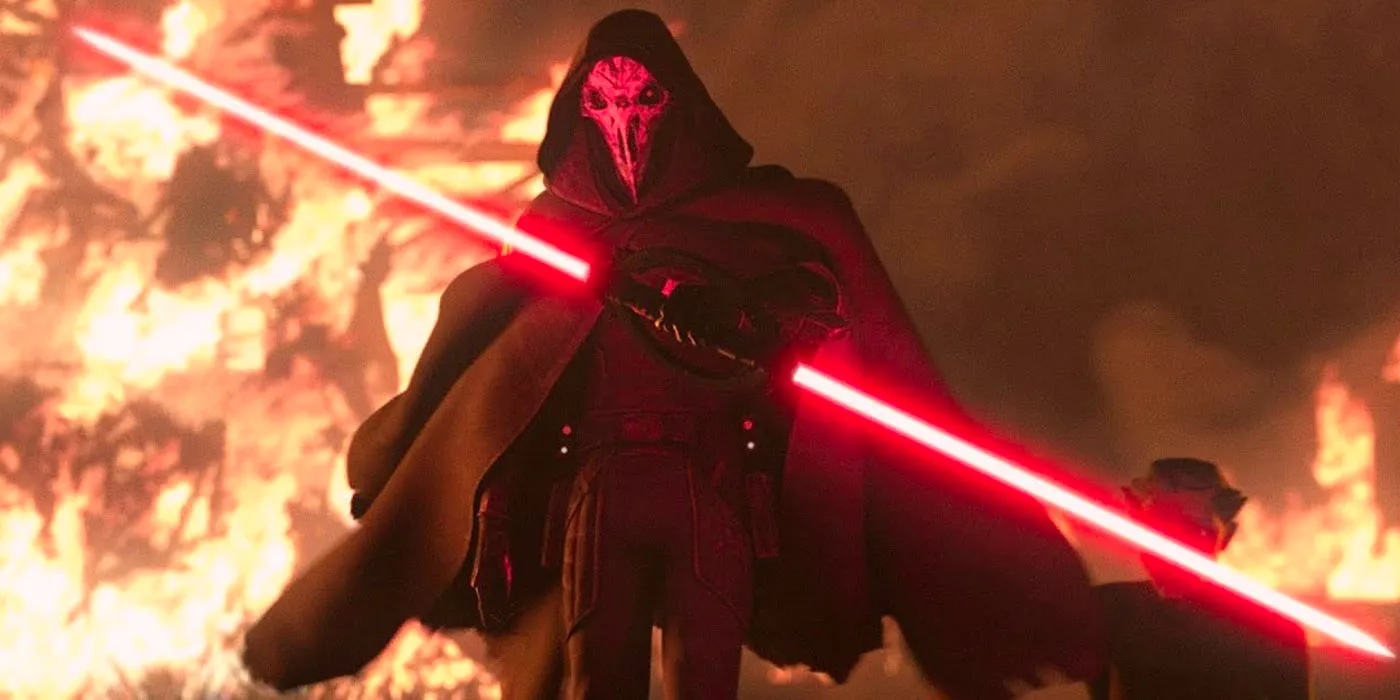 The Inquisitor from Tales of the Jedi lifting his double-bladed lightsaber in front of a burning village Image