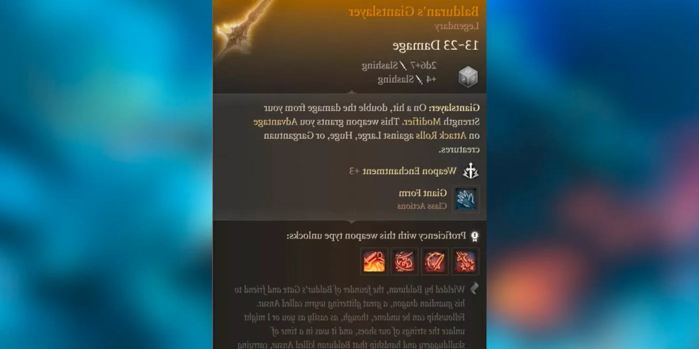 The inspect menu for Balduran's Giantslayer in Baldur's Gate 3, displaying its stats. Image