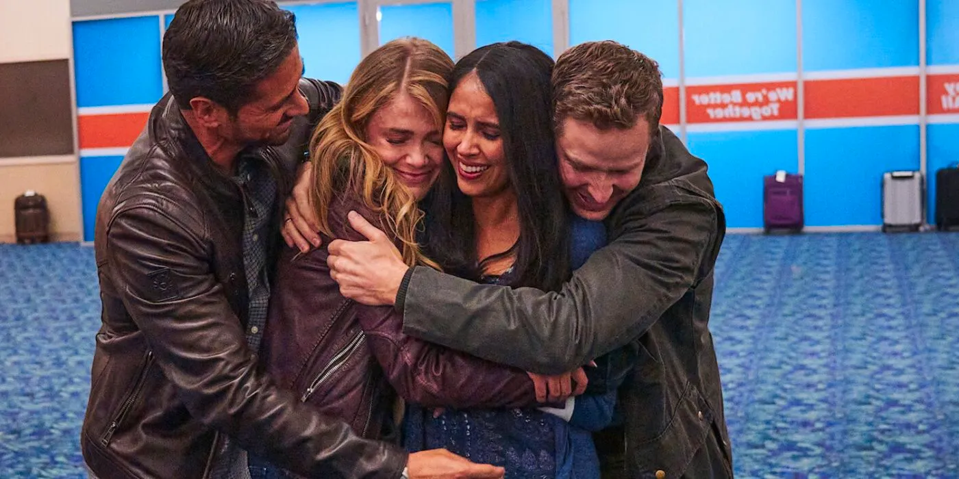 The joyful ending on Manifest asa Ben, Saanvi, Michaela, and Jared hug in the airport Image