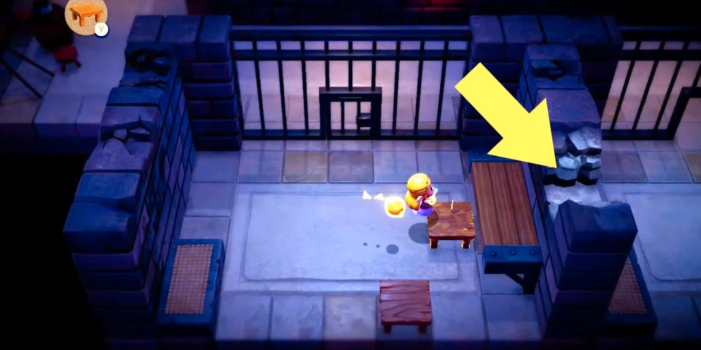 The Legend of Zelda Echoes of Wisdom Hyrule Castle Underground jail Zelda jumping onto table toward yellow arrow Image