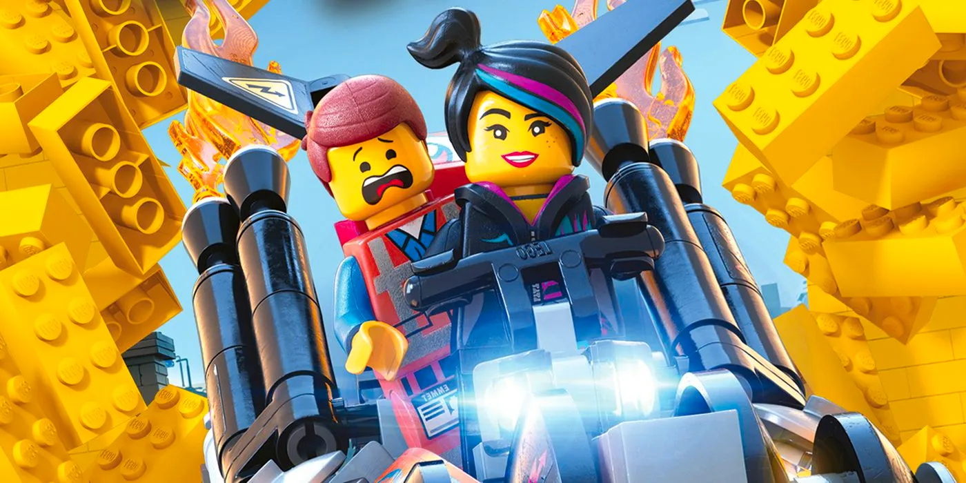 The Lego Movie poster featuring Wild Style and Emmett on a bike smashing through a wall. Image