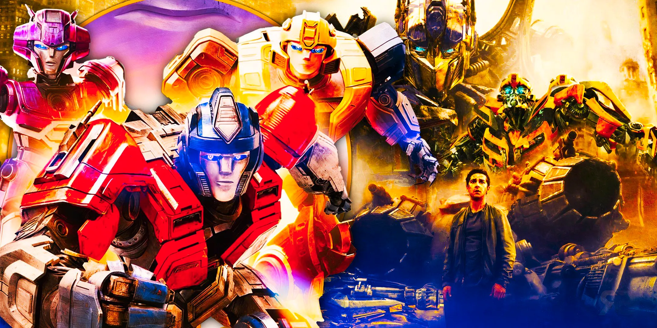 the live-action Transformers alongside the animated Transformers from Transformers One Image