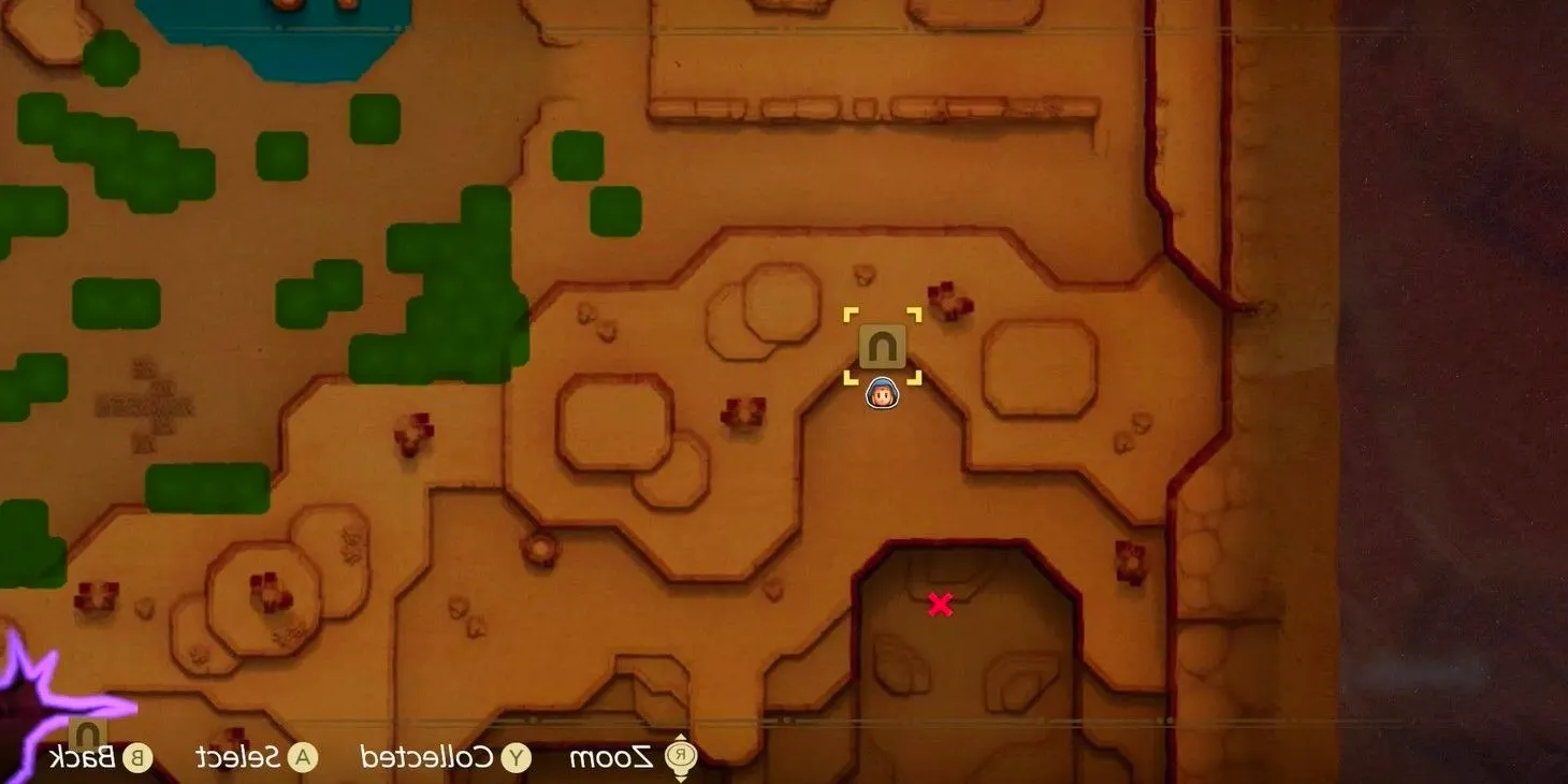 The location of the flying tile cave marked on a map in echoes of wisdom Image