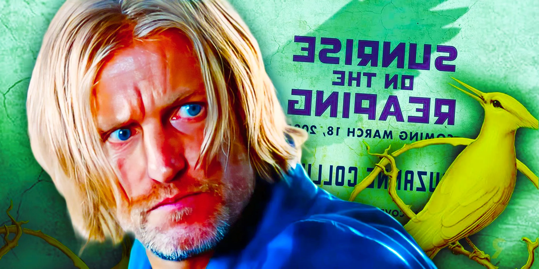 The logo for Sunrise on the Reaping against a green background and Woody Harrelson as Haymitch in The Hunger Games Image