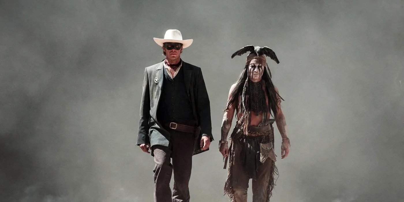 The Lone Ranger and Toto heroically walk in front of a giant plume of smoke in The Lone Ranger Image