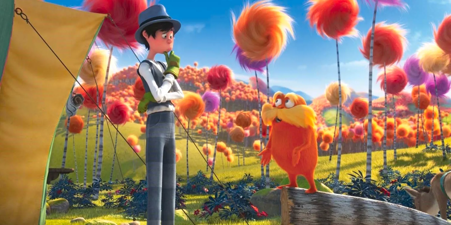 The Lorax and the Onceler talking by a cut down tree from The Lorax Image