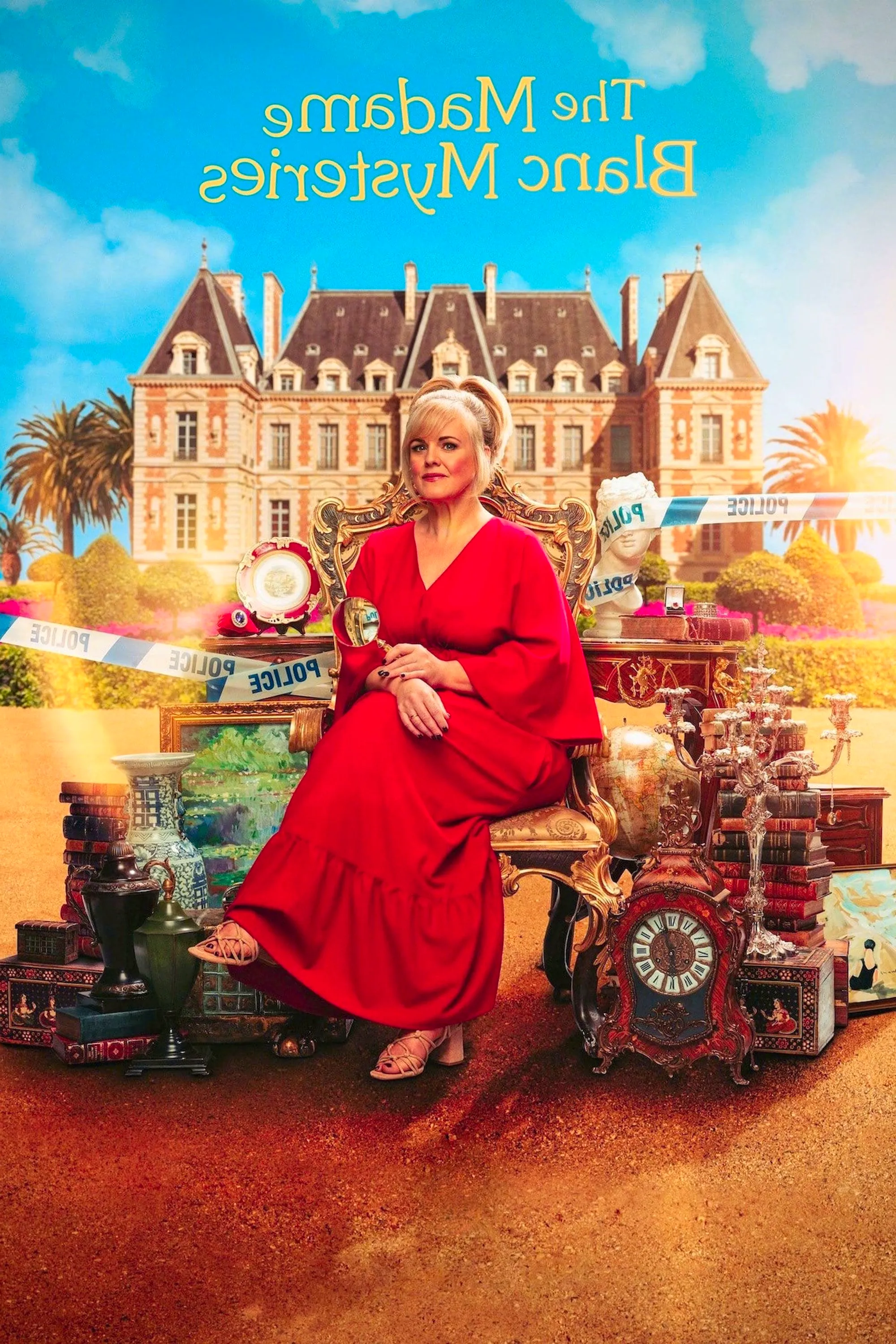 The Madame Blanc Mysteries Season 3 Poster Showing Sally Lindsay Sitting in a Chair in Front of a Castle and Police Tape Image