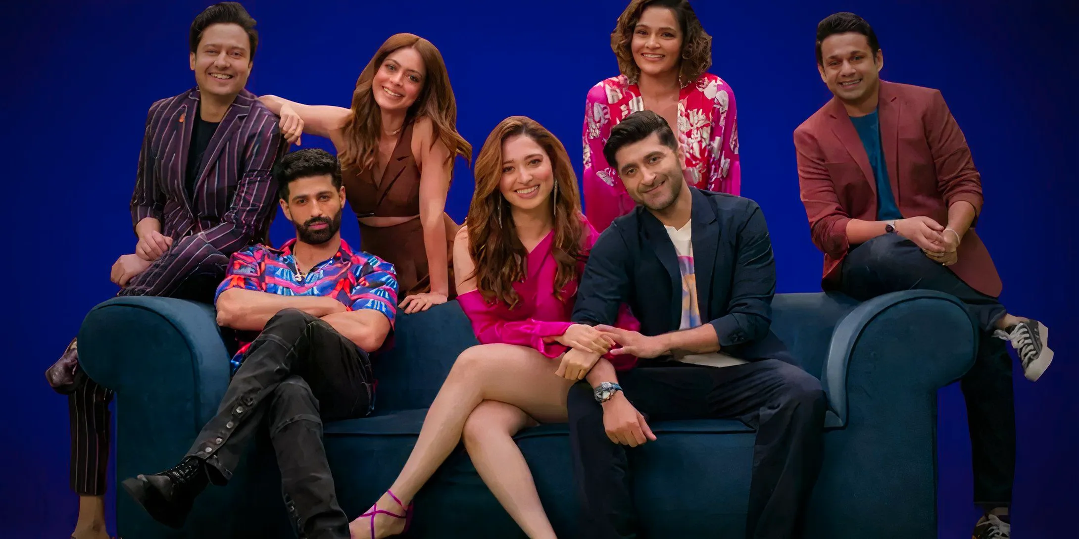 The main cast of the Hindi series Jee Karda posing on a blue sofa in a promotional image Image