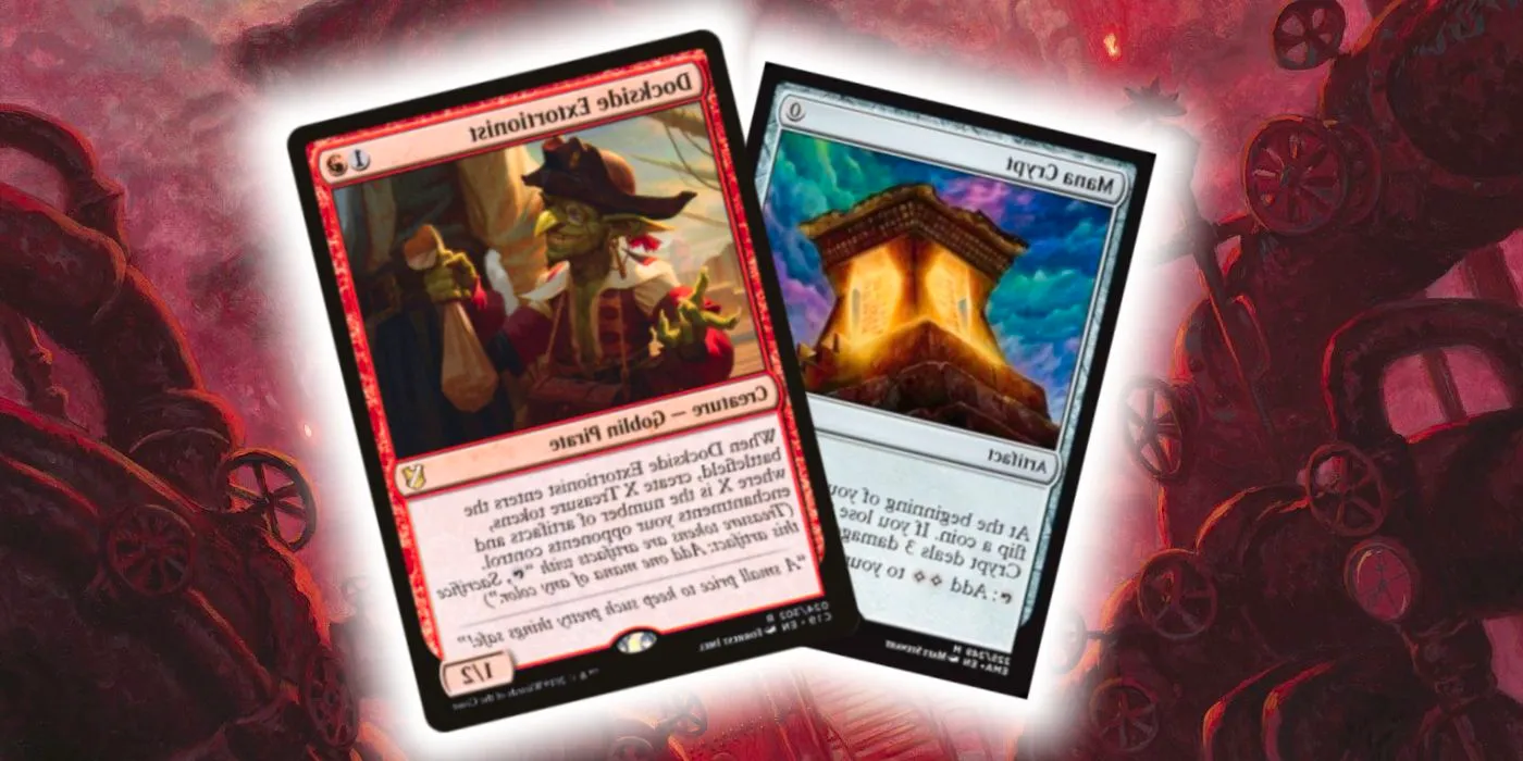 The Mana Crypt and Dockside Extortionist cards in front of a hazy, red factory in art from Magic The Gathering. Image