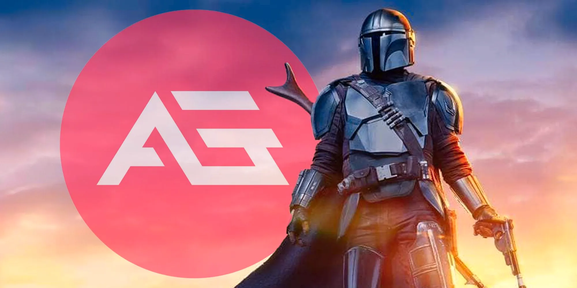 The Mandalorian at sunset with a faded EA logo behind him Image