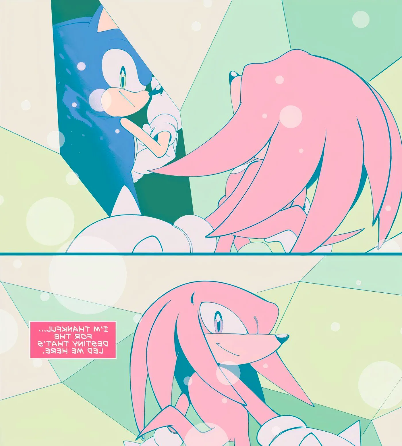 The Master Emerald shows Knuckles a vision of Sonic as Knuckles narrates, 