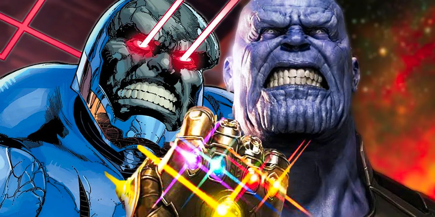 The MCU's Thanos grimacing in front of DC Comics' Darkseid. Image