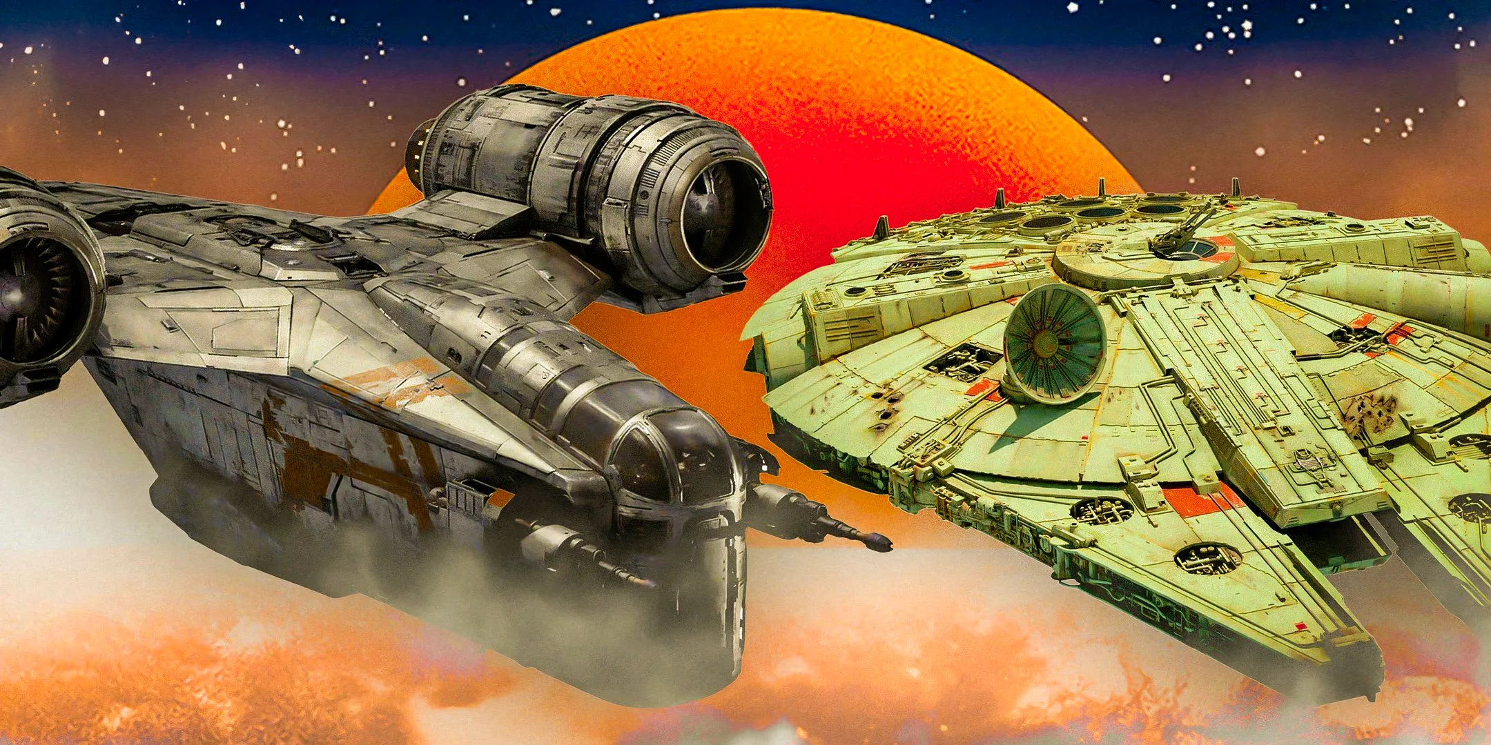 The Millennium Falcon and the Razor Crest edited together over clouds and an orange planet Image