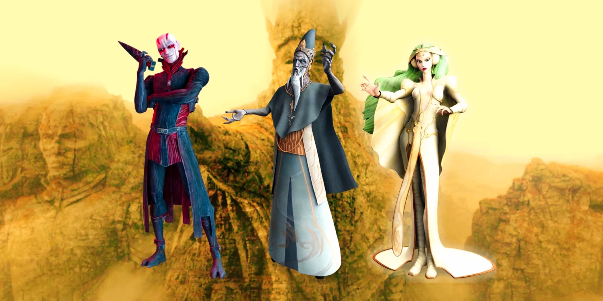 The Mortis gods from Clone Wars in the foreground with the Mortis gods statues in Ahsoka in the background. Image