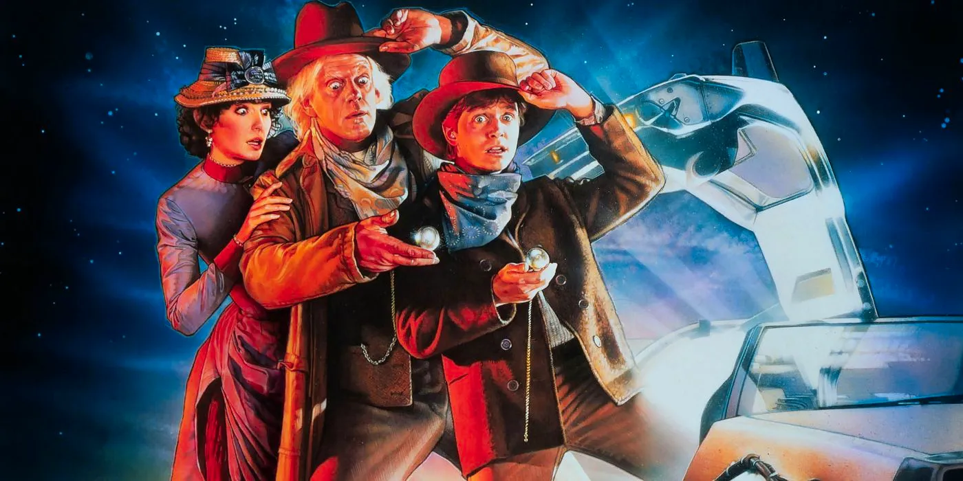 The movie poster for Back to the Future Part III (1989) showing Marty, Doc and Clara Image