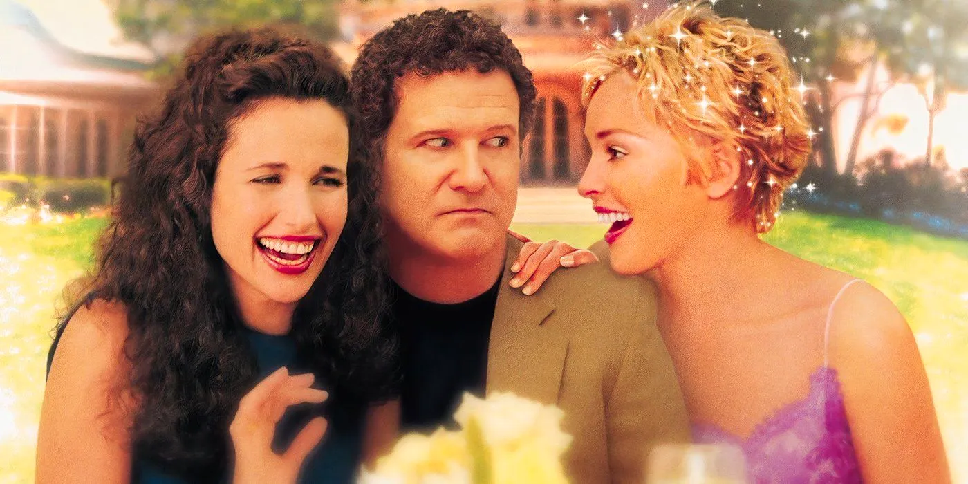 The Muse (1999) Albert Brooks, Sharon Stone and Andie MacDowell all in the photo with Sharon And Andie laughing and Albert looking uncomfortable in the middle  Image